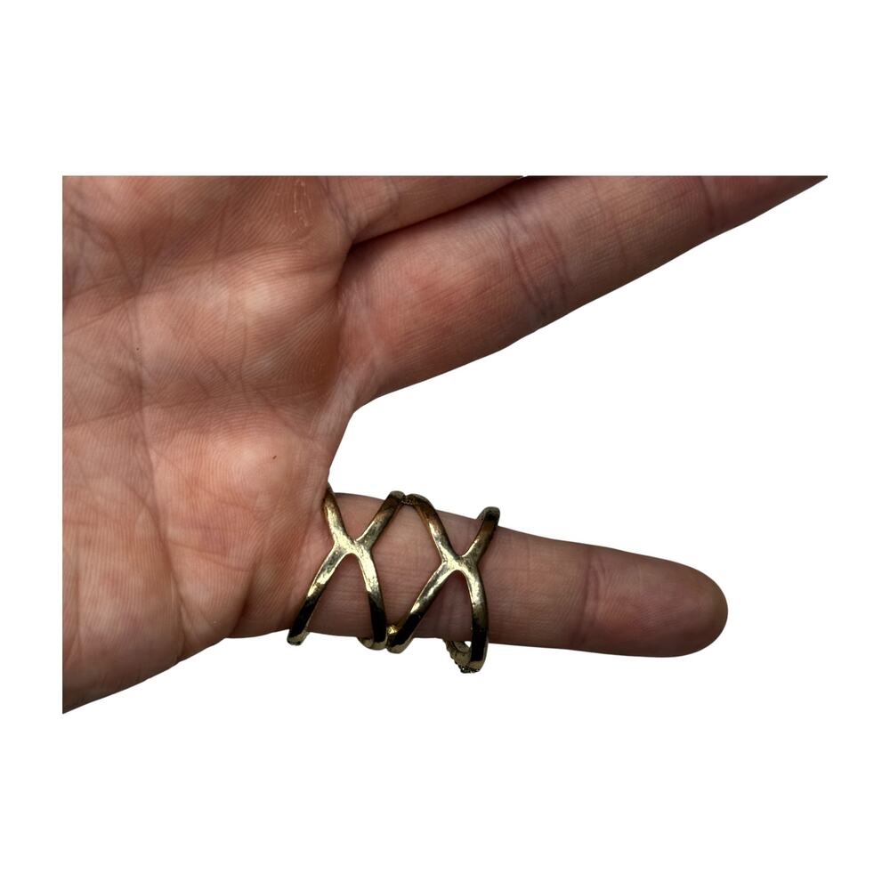 Gold Tone Rhinestone Criss Cross Wide Band Statement Ring Open Lattice 8.5 - Picture 4 of 6